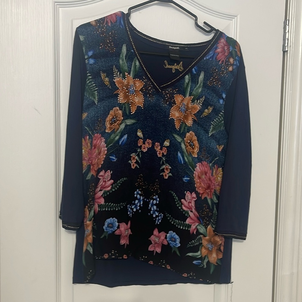 Desigual Blue Graphic Floral Embellished V-Neck Viscose Top Shirt XL - Picture 2 of 5